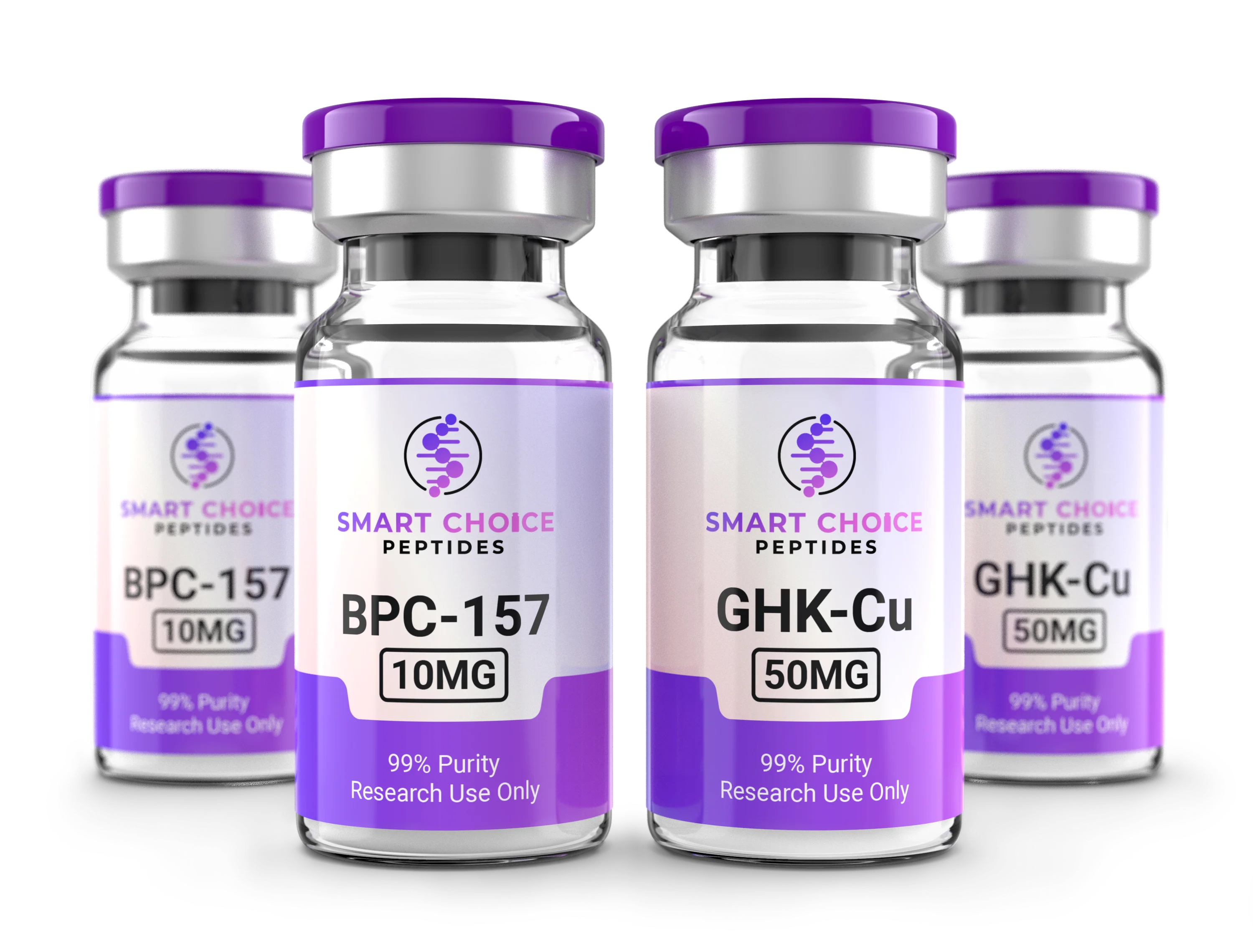 Smart Choice Peptides vials — BPC-157 10MG and GHK-Cu 50MG, 99% purity, research use only